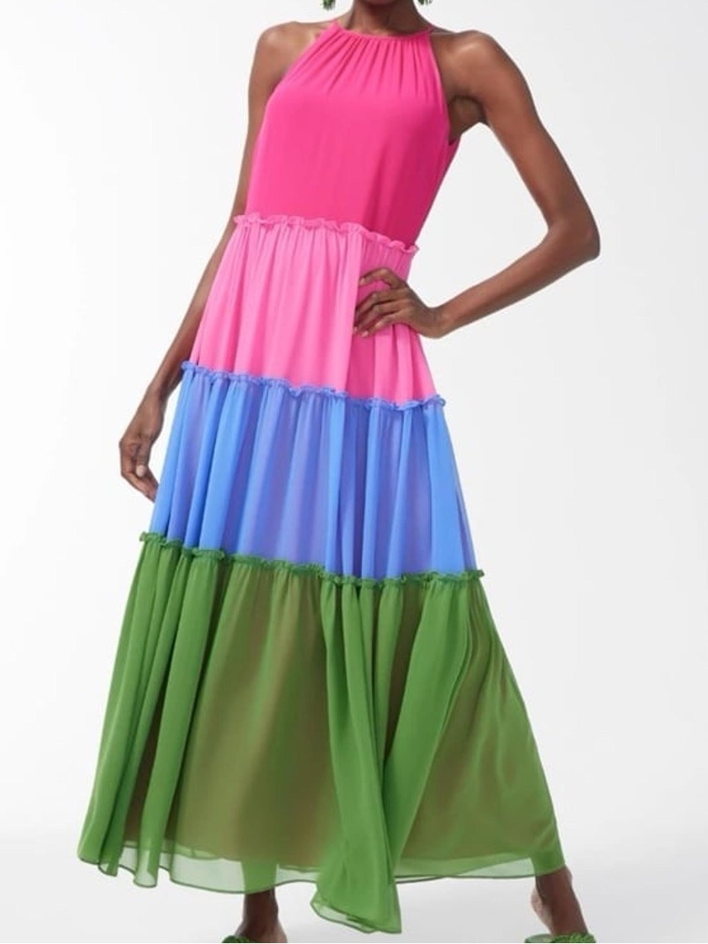 Chico’s Colorblock Tiered Maxi Dress Pink Blue Green Sleeveless Flowy Size 2/12